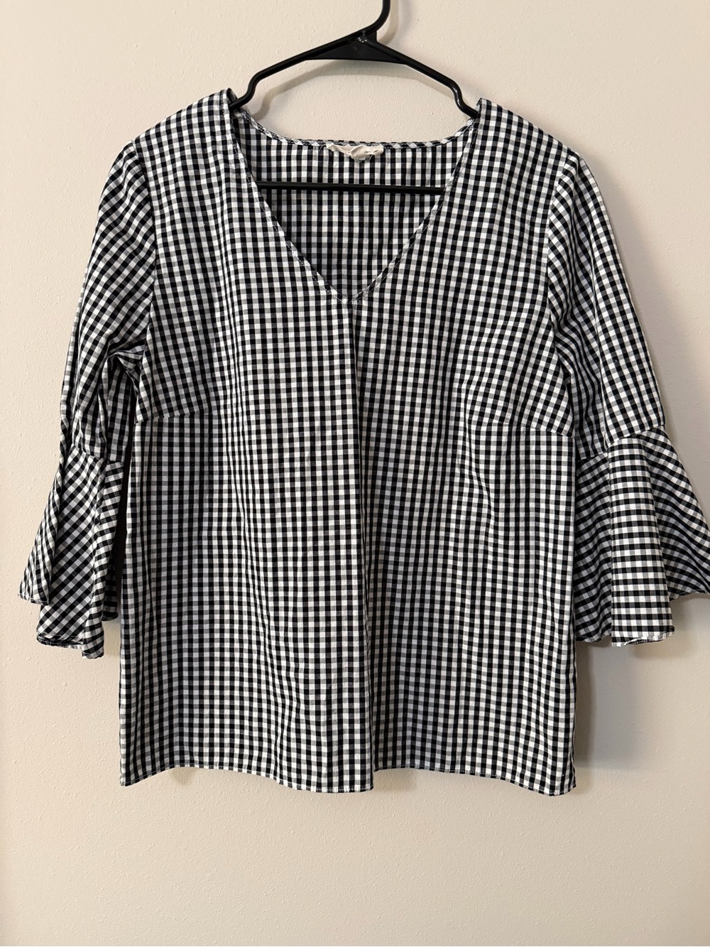 Jane & Delancey Black White Gingham V-Neck Bell-Sleeve Top 100% Cotton Women’s M
